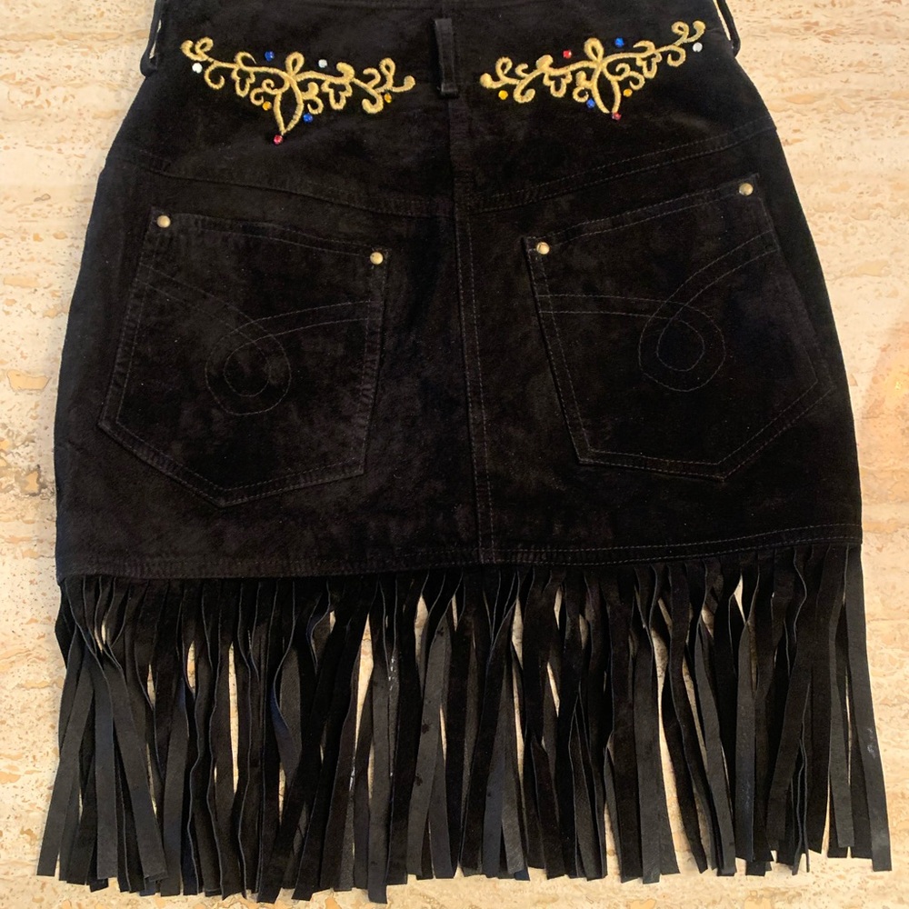 Black Fringed Jewel Embroidered Mini Skirt